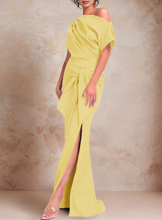 Trumpet Mermaid One Shoulder Short Sleeves Floor Length Mother Of The Bride Dresses With Ruffles Split Side