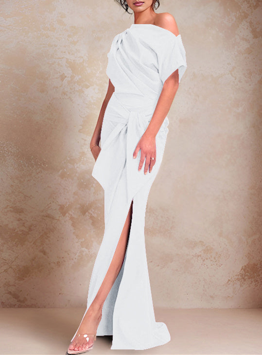 Trumpet Mermaid One Shoulder Short Sleeves Floor Length Mother Of The Bride Dresses With Ruffles Split Side