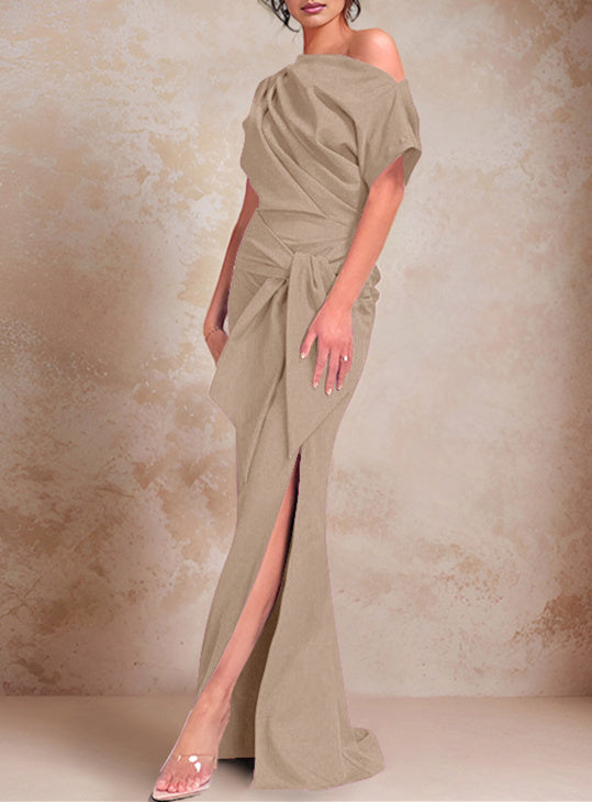 Trumpet Mermaid One Shoulder Short Sleeves Floor Length Mother Of The Bride Dresses With Ruffles Split Side