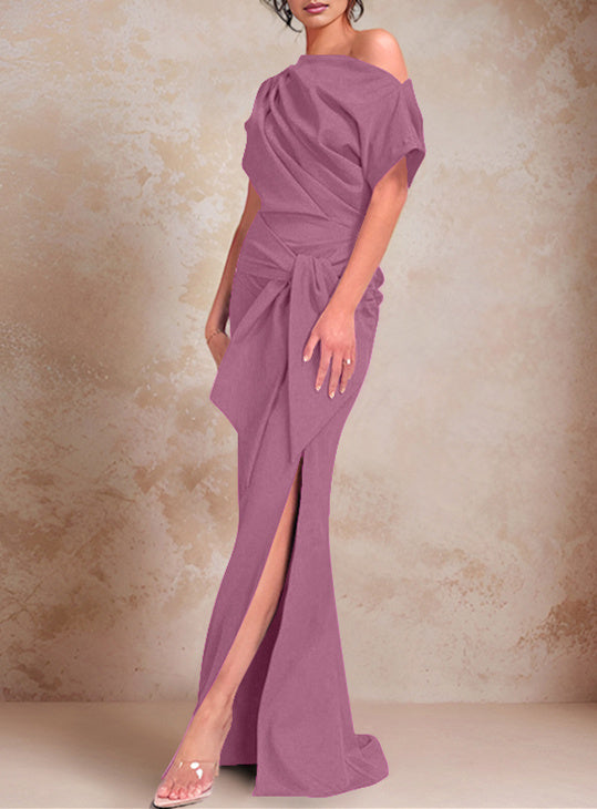 Trumpet Mermaid One Shoulder Short Sleeves Floor Length Mother Of The Bride Dresses With Ruffles Split Side