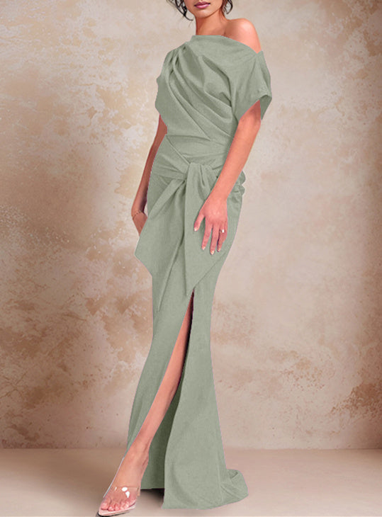 Trumpet Mermaid One Shoulder Short Sleeves Floor Length Mother Of The Bride Dresses With Ruffles Split Side