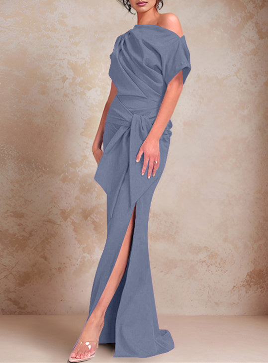 Trumpet Mermaid One Shoulder Short Sleeves Floor Length Mother Of The Bride Dresses With Ruffles Split Side