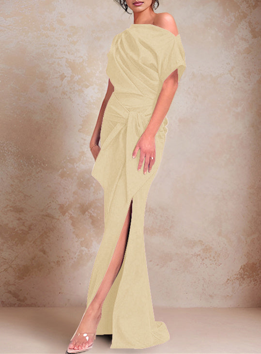 Trumpet Mermaid One Shoulder Short Sleeves Floor Length Mother Of The Bride Dresses With Ruffles Split Side