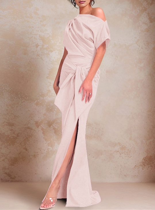 Trumpet Mermaid One Shoulder Short Sleeves Floor Length Mother Of The Bride Dresses With Ruffles Split Side