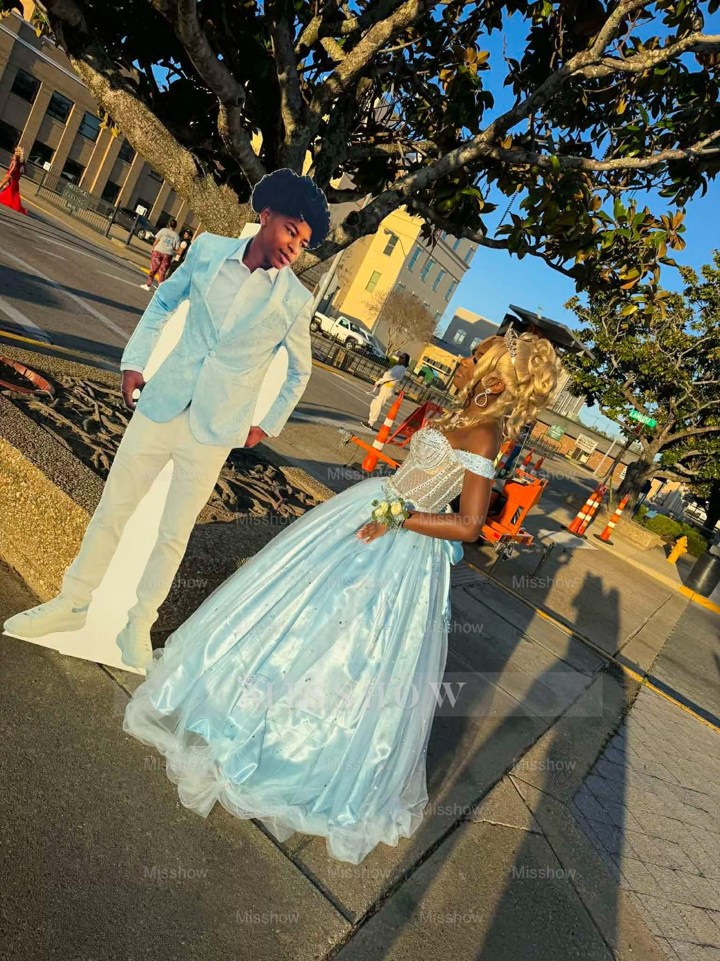 Sky blue sweetheart beaded ball gown prom dress