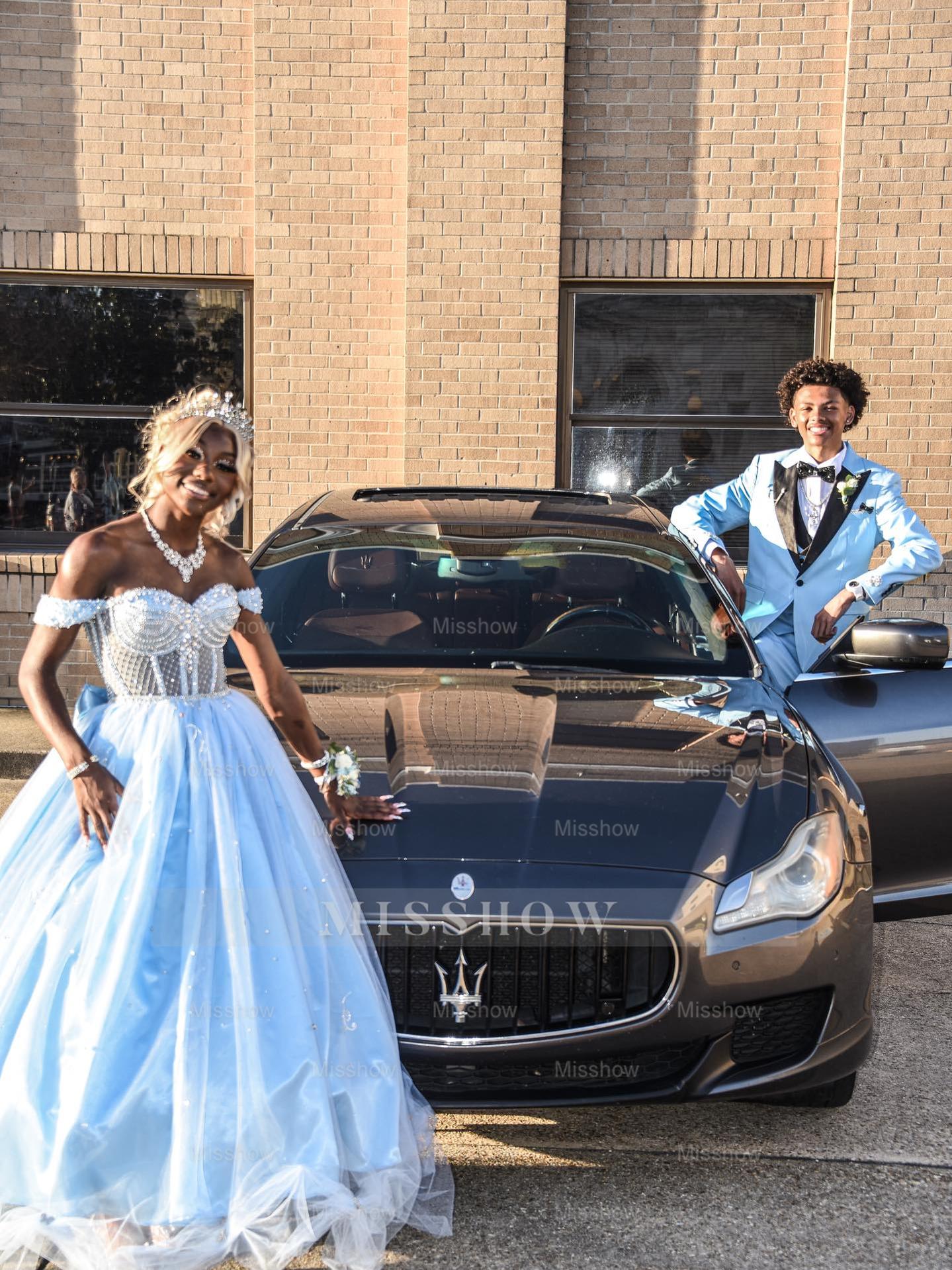 Light blue sweetheart beaded ball gown prom dress