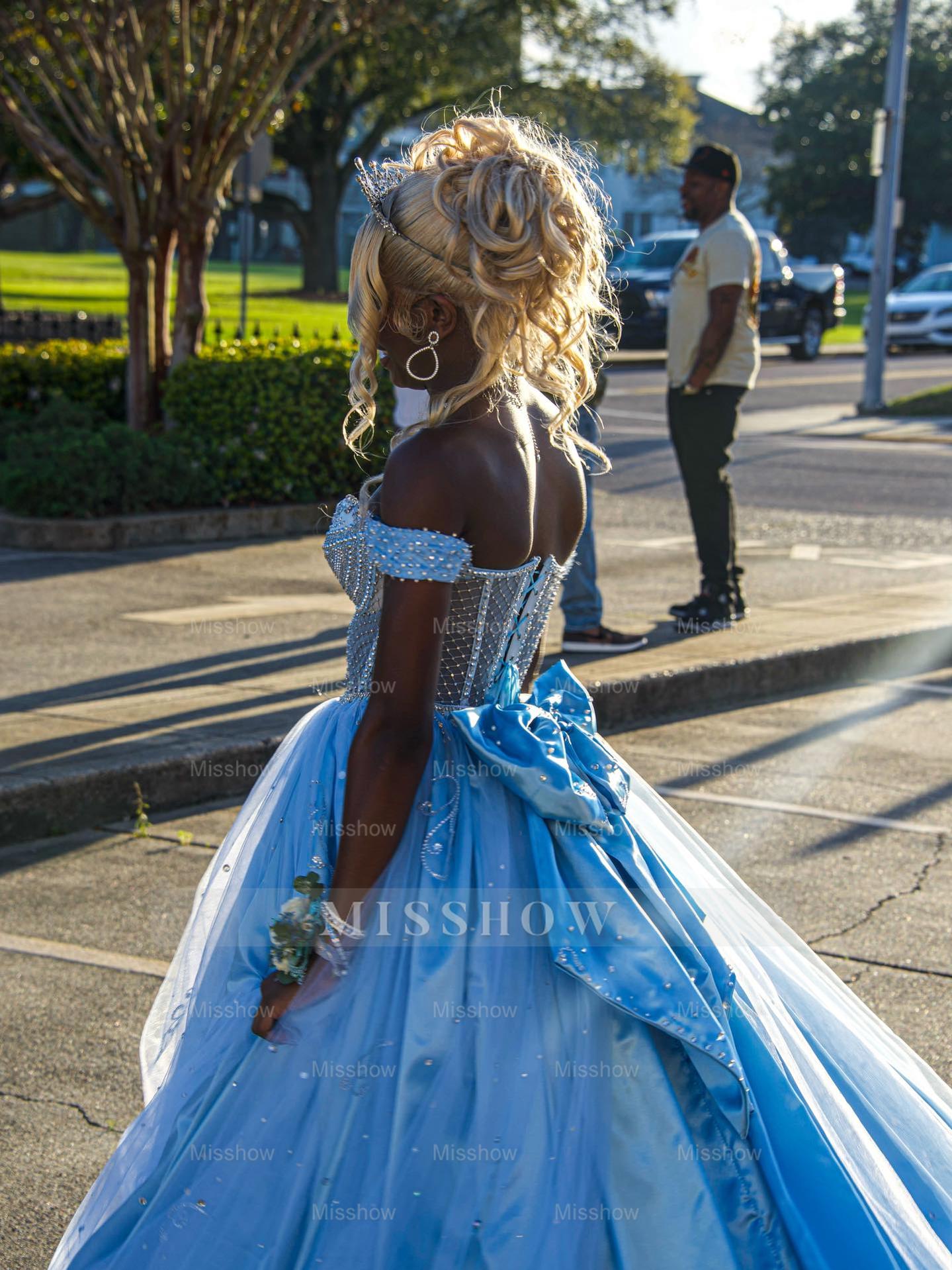 Light blue sweetheart beaded ball gown prom dress