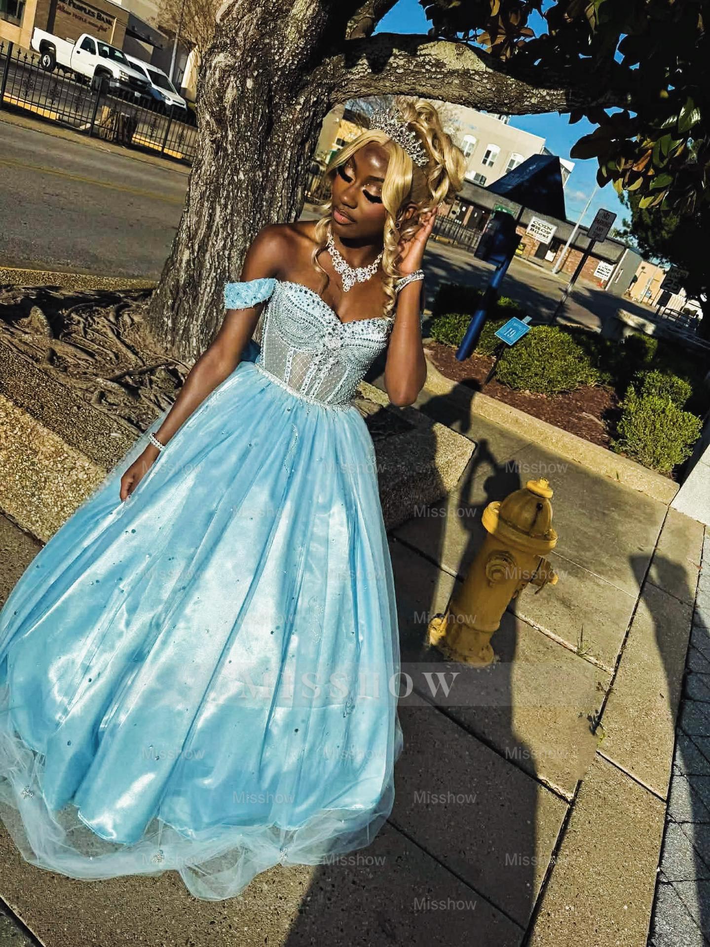 Light blue sweetheart beaded ball gown prom dress