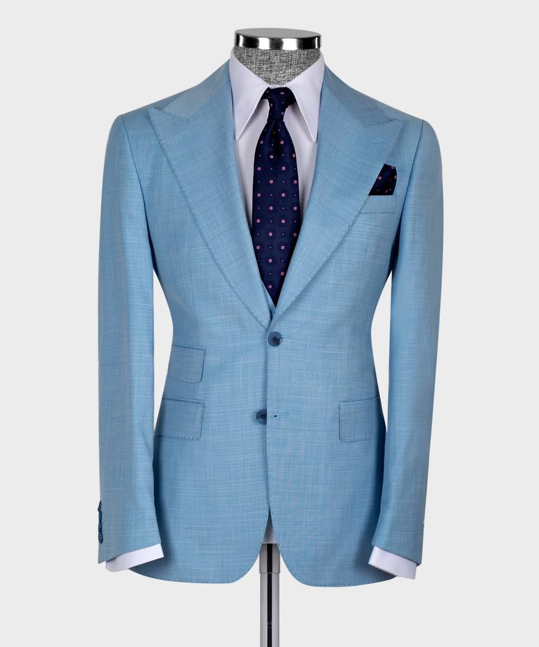 Sky Blue Bespoke Three-Piece Suit with Peaked Lapel for Men