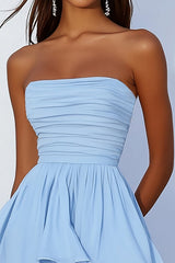 Sky Blue Chiffon Strapless A Line Short Homeoming Dress with Ruffles