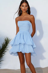 Sky Blue Chiffon Strapless A Line Short Homeoming Dress with Ruffles