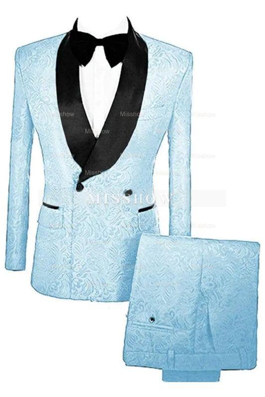 Sky Blue Double Breasted Jacquard Latest Wedding Ensemble With Velvet Lapel