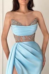 Sky Blue Floor-Length Split Front Strapless Sleeveless Stain Prom Evening Dresses with Ruffles