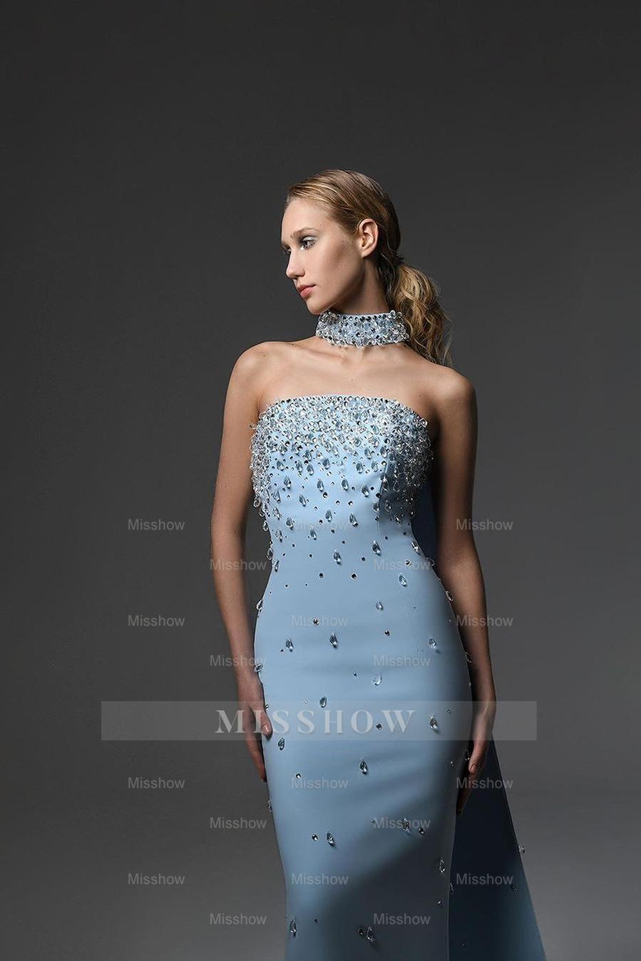 Sky Blue Halter Strapless Sleeveless Long Formal Dress With Beading