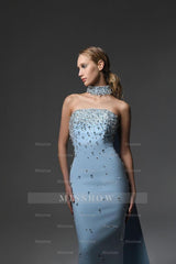 Sky Blue Halter Strapless Sleeveless Long Formal Dress With Beading