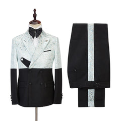 Sky Blue Jacquard Peaked Lapel Double Breasted Latest Prom Suit