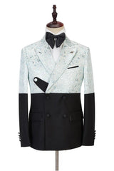 Sky Blue Jacquard Peaked Lapel Double Breasted Latest Prom Suit