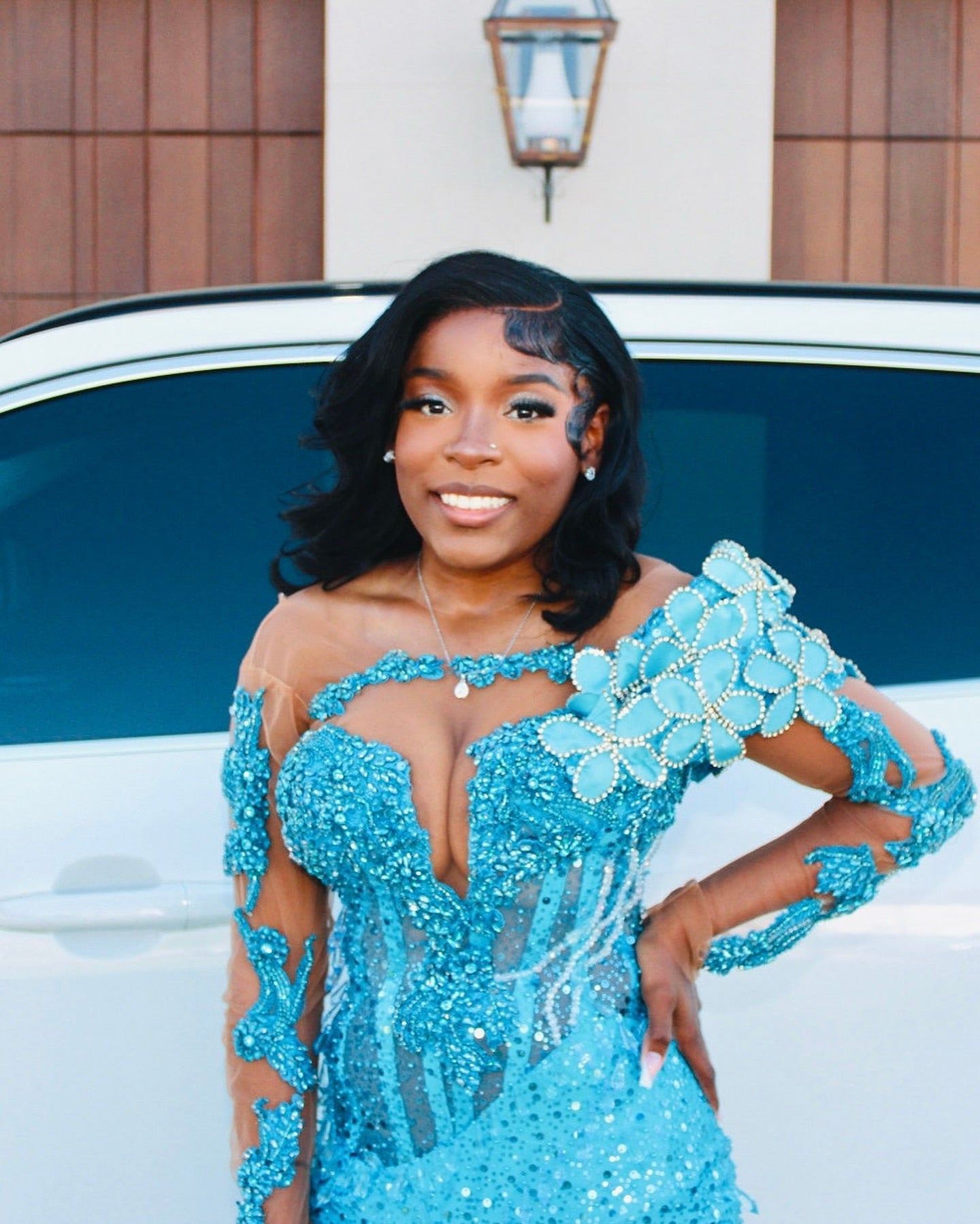 Sky Blue Mermaid Prom Dress Off Shoulder Deep V Sweetheart 3D White Blue Floral Cluster Long Sleeve Sheer Illusion Crystal Rhinestone Beaded Sequin Split Front Sweep Train Gown