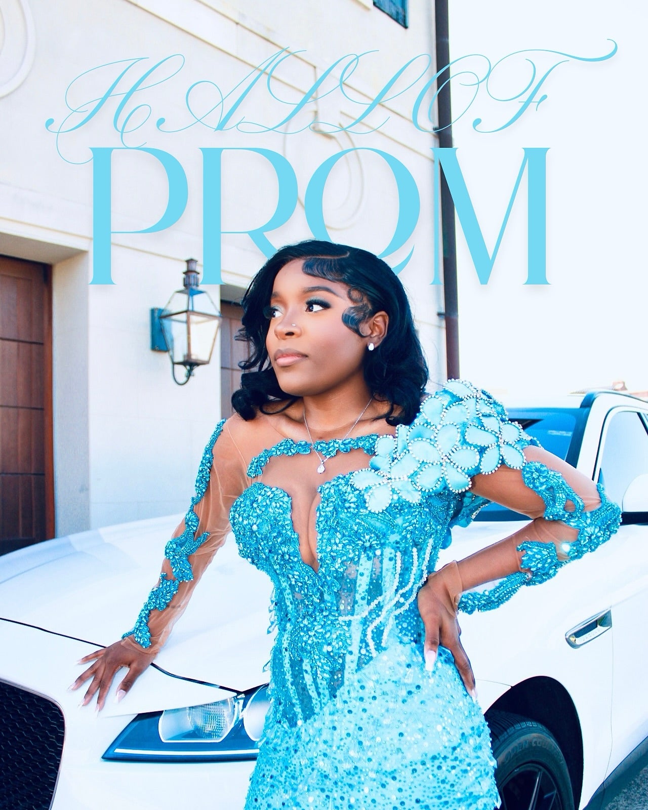Sky Blue Mermaid Prom Dress Off Shoulder Deep V Sweetheart 3D White Blue Floral Cluster Long Sleeve Sheer Illusion Crystal Rhinestone Beaded Sequin Split Front Sweep Train Gown