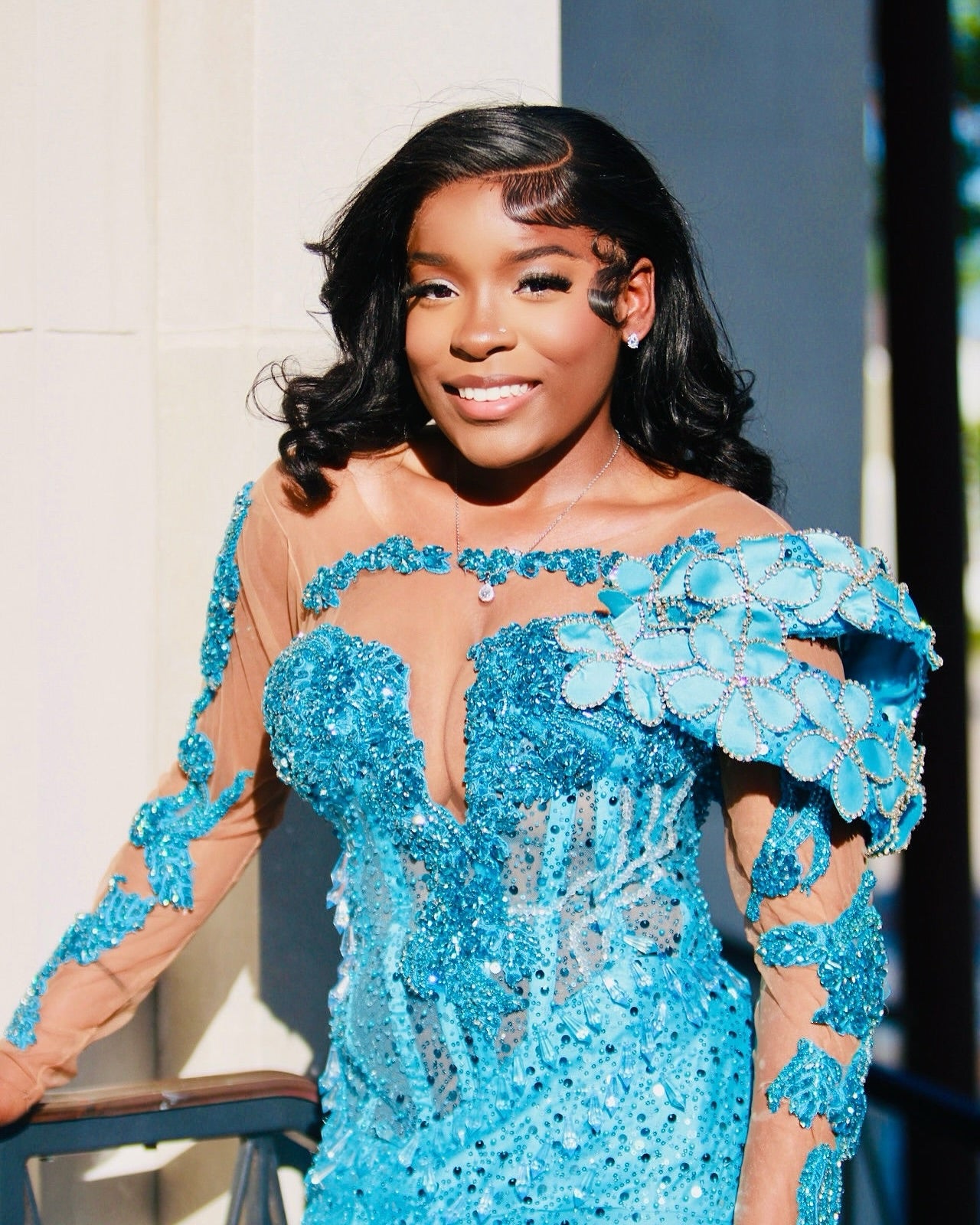 Sky Blue Mermaid Prom Dress Off Shoulder Deep V Sweetheart 3D White Blue Floral Cluster Long Sleeve Sheer Illusion Crystal Rhinestone Beaded Sequin Split Front Sweep Train Gown