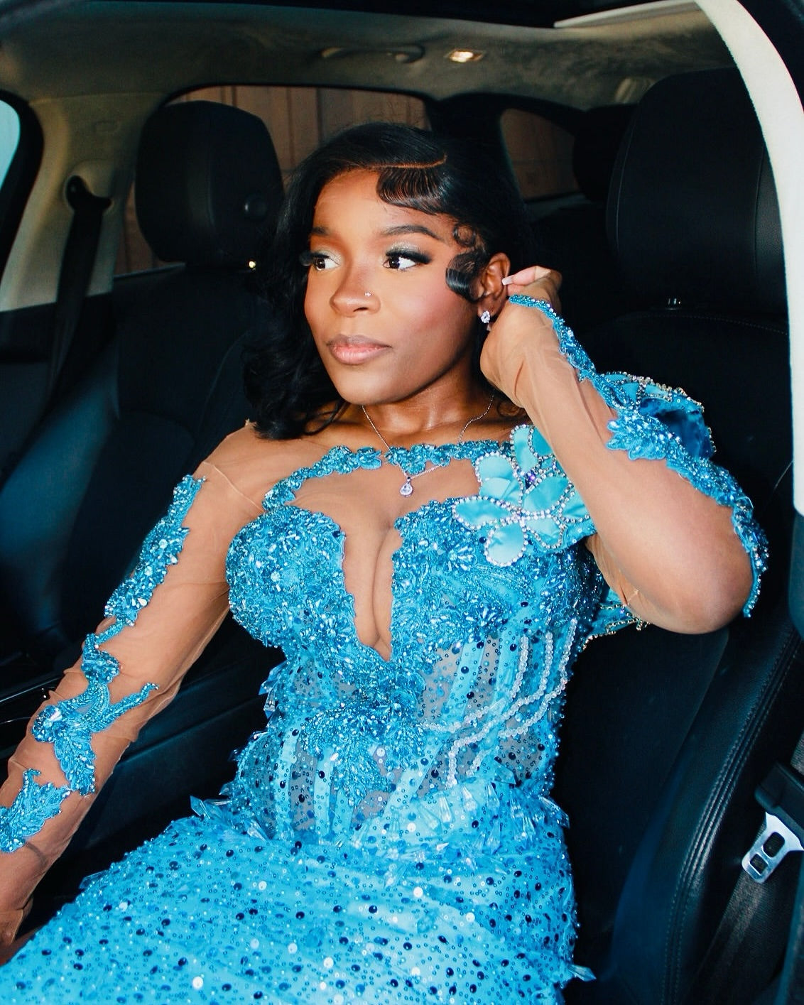 Sky Blue Mermaid Prom Dress Off Shoulder Deep V Sweetheart 3D White Blue Floral Cluster Long Sleeve Sheer Illusion Crystal Rhinestone Beaded Sequin Split Front Sweep Train Gown