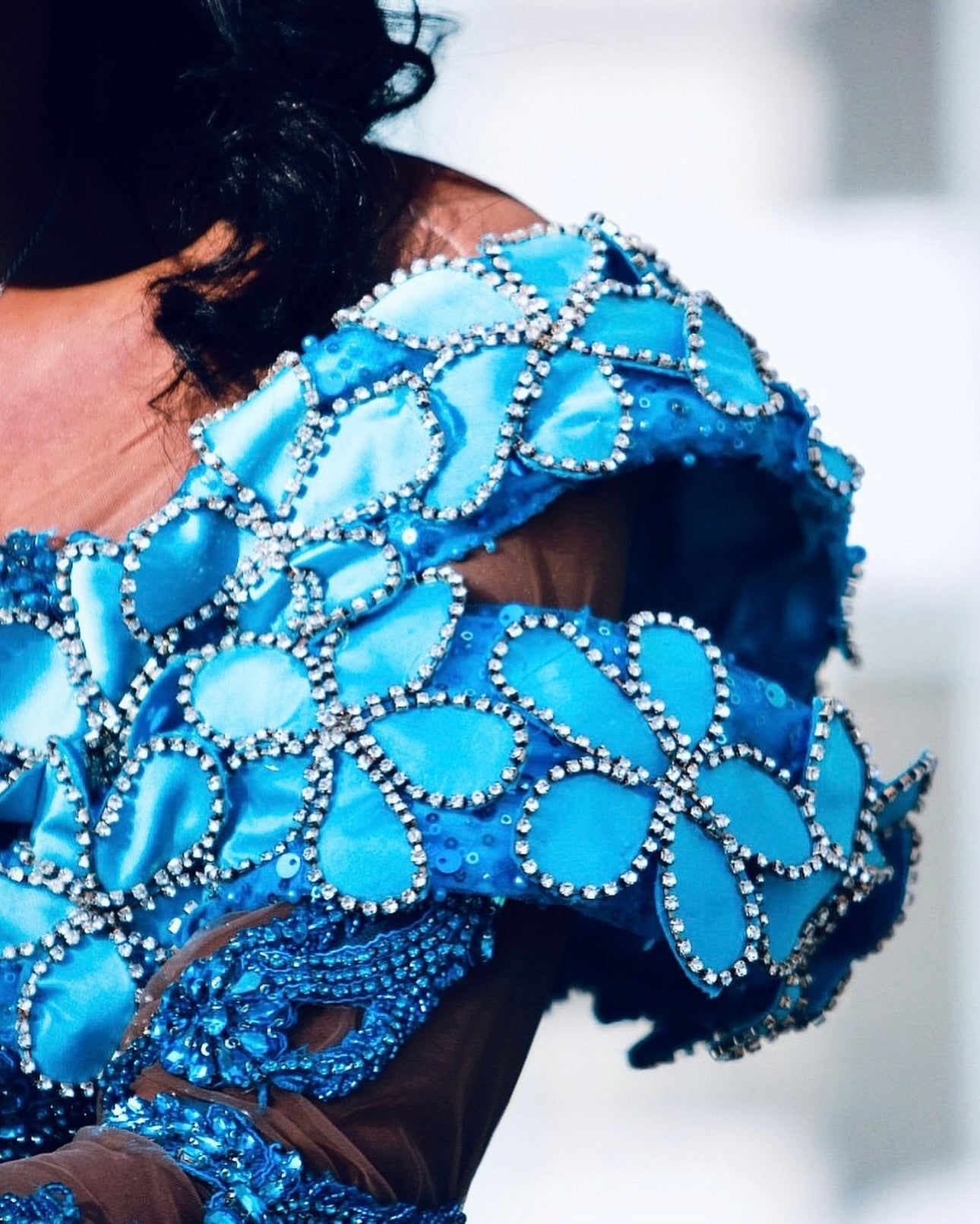Sky Blue Mermaid Prom Dress Off Shoulder Deep V Sweetheart 3D White Blue Floral Cluster Long Sleeve Sheer Illusion Crystal Rhinestone Beaded Sequin Split Front Sweep Train Gown