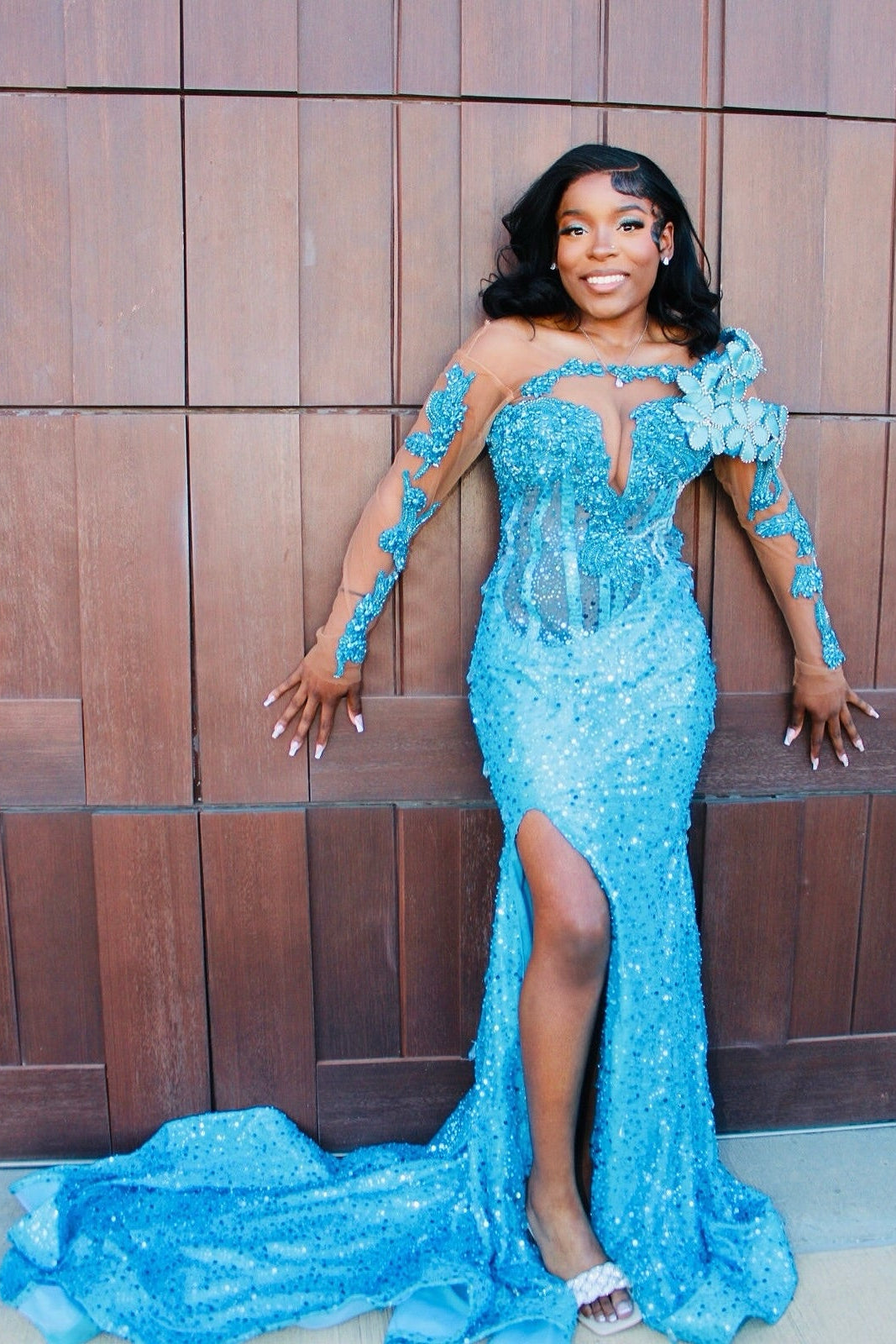Sky Blue Mermaid Prom Dress Off Shoulder Deep V Sweetheart 3D White Blue Floral Cluster Long Sleeve Sheer Illusion Crystal Rhinestone Beaded Sequin Split Front Sweep Train Gown