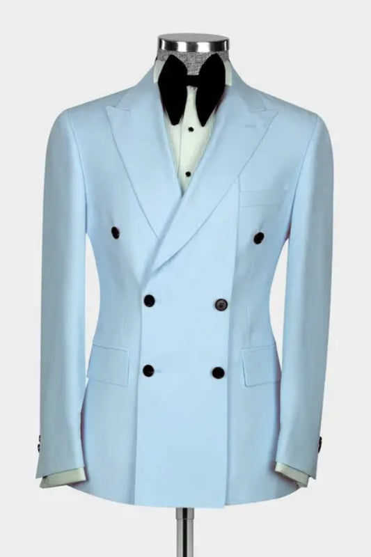 Sky Blue Peaked Lapel Double Breasted Contemporary Prom Outfit