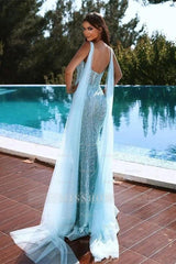 Sky Blue Spaghetti Strap Beading Mermaid V Neck Formal Dress Sequins With Split