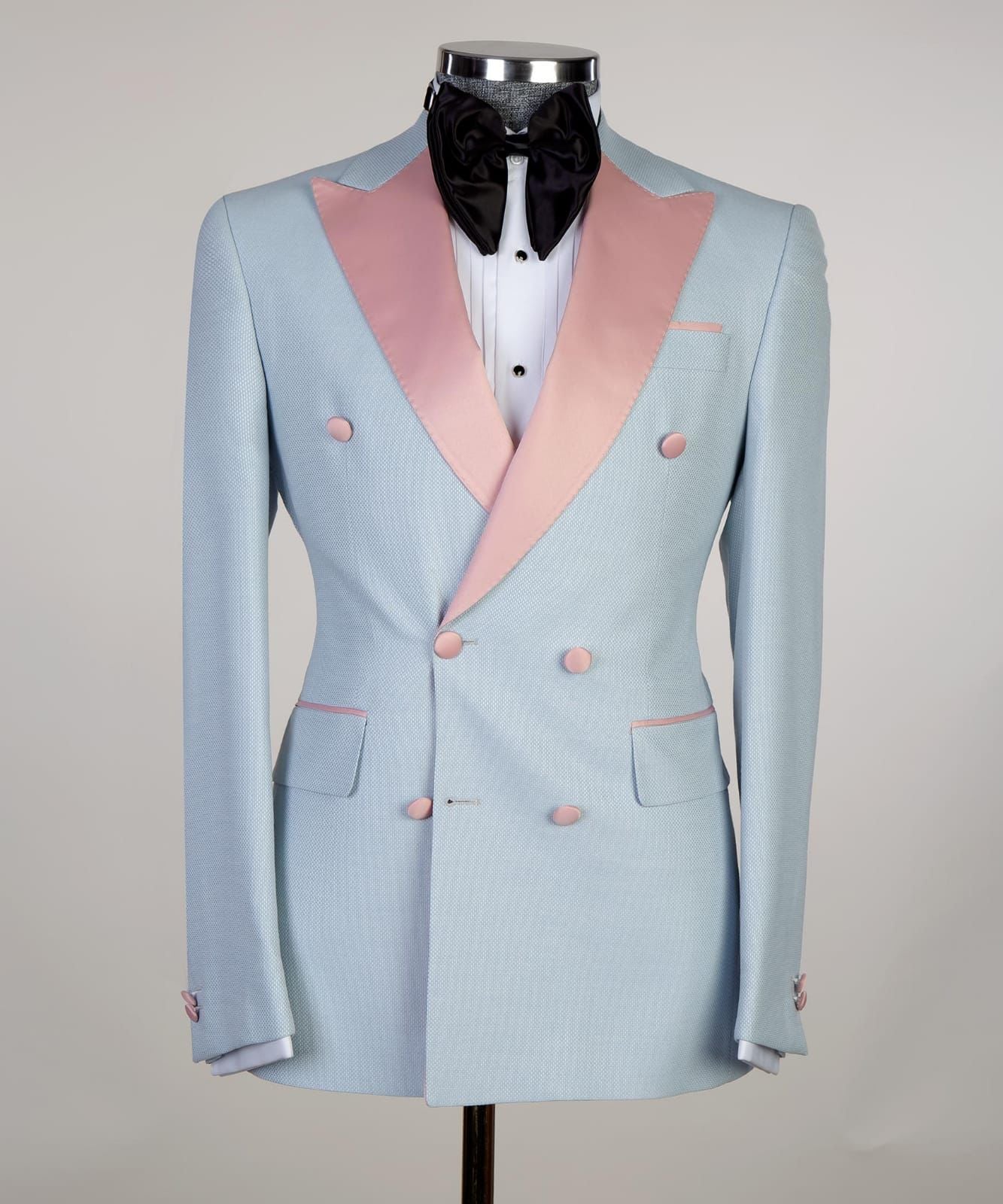 Sky Blue Sparkly Double-Breasted Men’s Suit with Pink Peaked Lapel