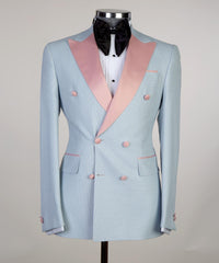 Sky Blue Sparkly Double-Breasted Men’s Suit with Pink Peaked Lapel