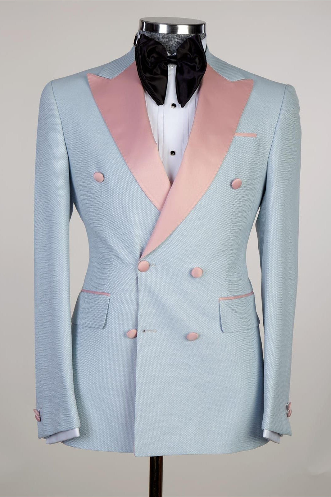 Sky Blue Sparkly Double-Breasted Men’s Suit with Pink Peaked Lapel