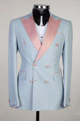 Sky Blue Sparkly Double-Breasted Men’s Suit with Pink Peaked Lapel