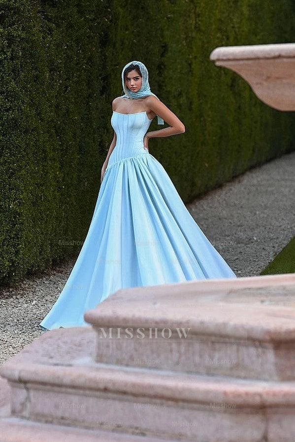 Sky Rhinestone Strapless Sleeveless Corset A-line Satin Ruffled Floor Length Evening Gown