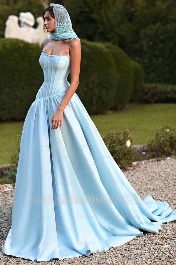 Sky Rhinestone Strapless Sleeveless Corset A-line Satin Ruffled Floor Length Evening Gown
