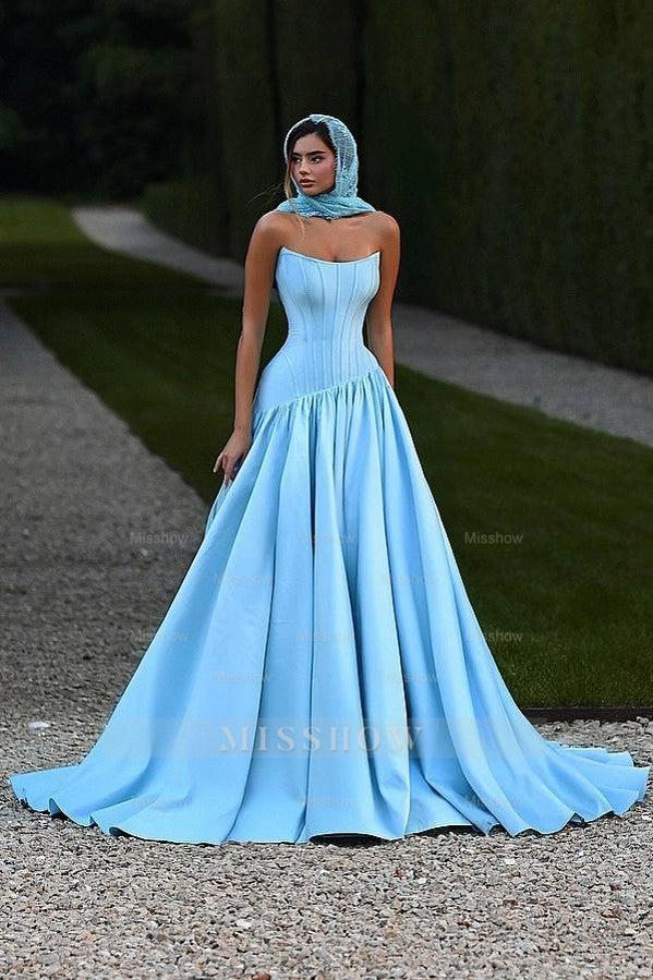 Sky Rhinestone Strapless Sleeveless Corset A-line Satin Ruffled Floor Length Evening Gown