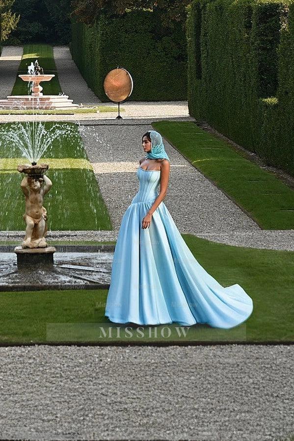 Sky Rhinestone Strapless Sleeveless Corset A-line Satin Ruffled Floor Length Evening Gown