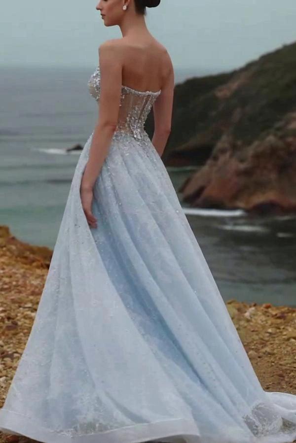 Sky Rhinestone Strapless Sweetheart Sequined Beaded Ball Gown Floor Length Evening Gown