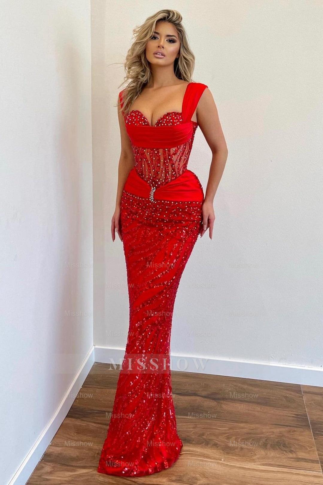 Sky Rhinestone Sweetheart Sleeveless Sequined Mermaid Floor Length Formal Evening Gown