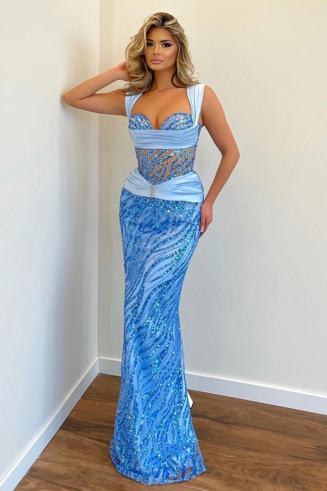 Sky Rhinestone Sweetheart Sleeveless Sequined Mermaid Floor Length Formal Evening Gown