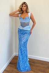 Sky Rhinestone Sweetheart Sleeveless Sequined Mermaid Floor Length Formal Evening Gown