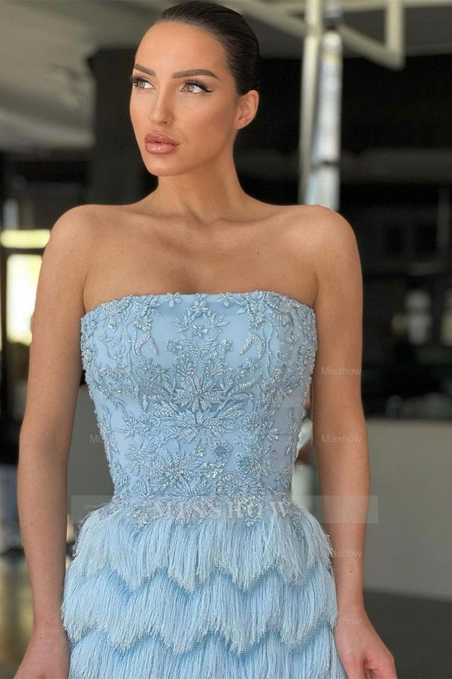 Sky Strapless Sleeveless Mermaid Sequined Beaded Appliques Floor Length Evening Gown
