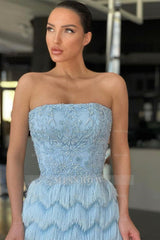 Sky Strapless Sleeveless Mermaid Sequined Beaded Appliques Floor Length Evening Gown