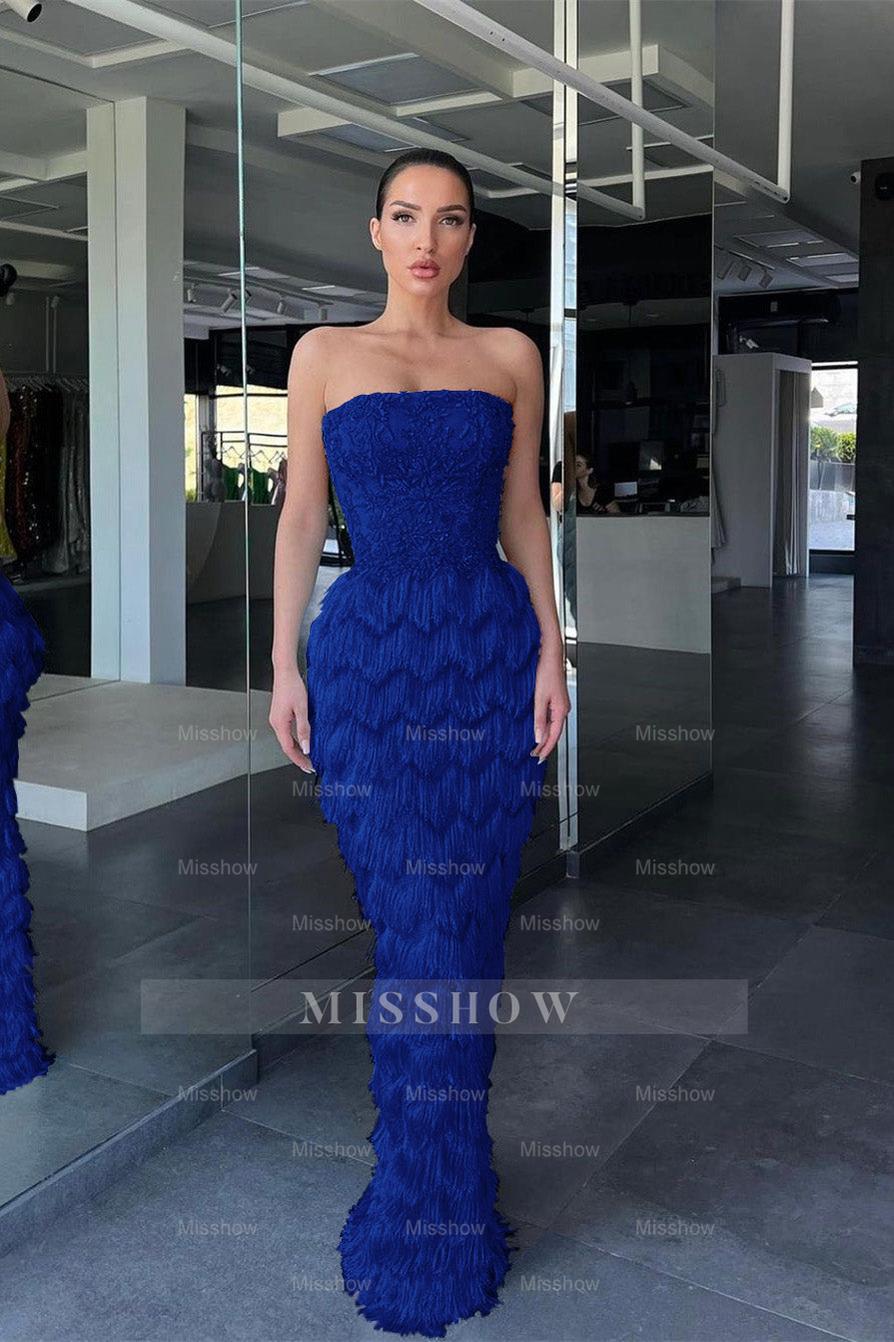 Sky Strapless Sleeveless Mermaid Sequined Beaded Appliques Floor Length Evening Gown