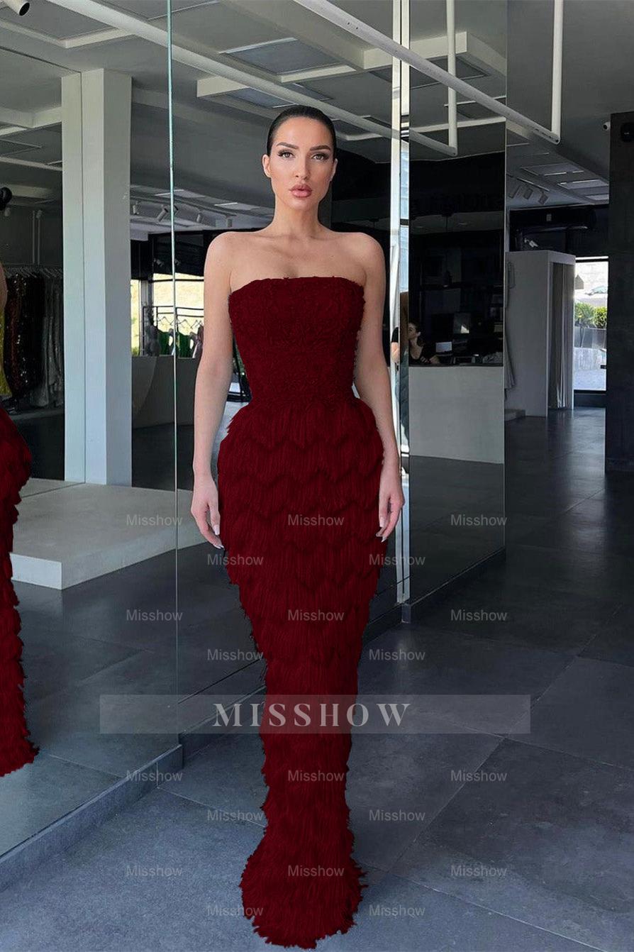 Sky Strapless Sleeveless Mermaid Sequined Beaded Appliques Floor Length Evening Gown