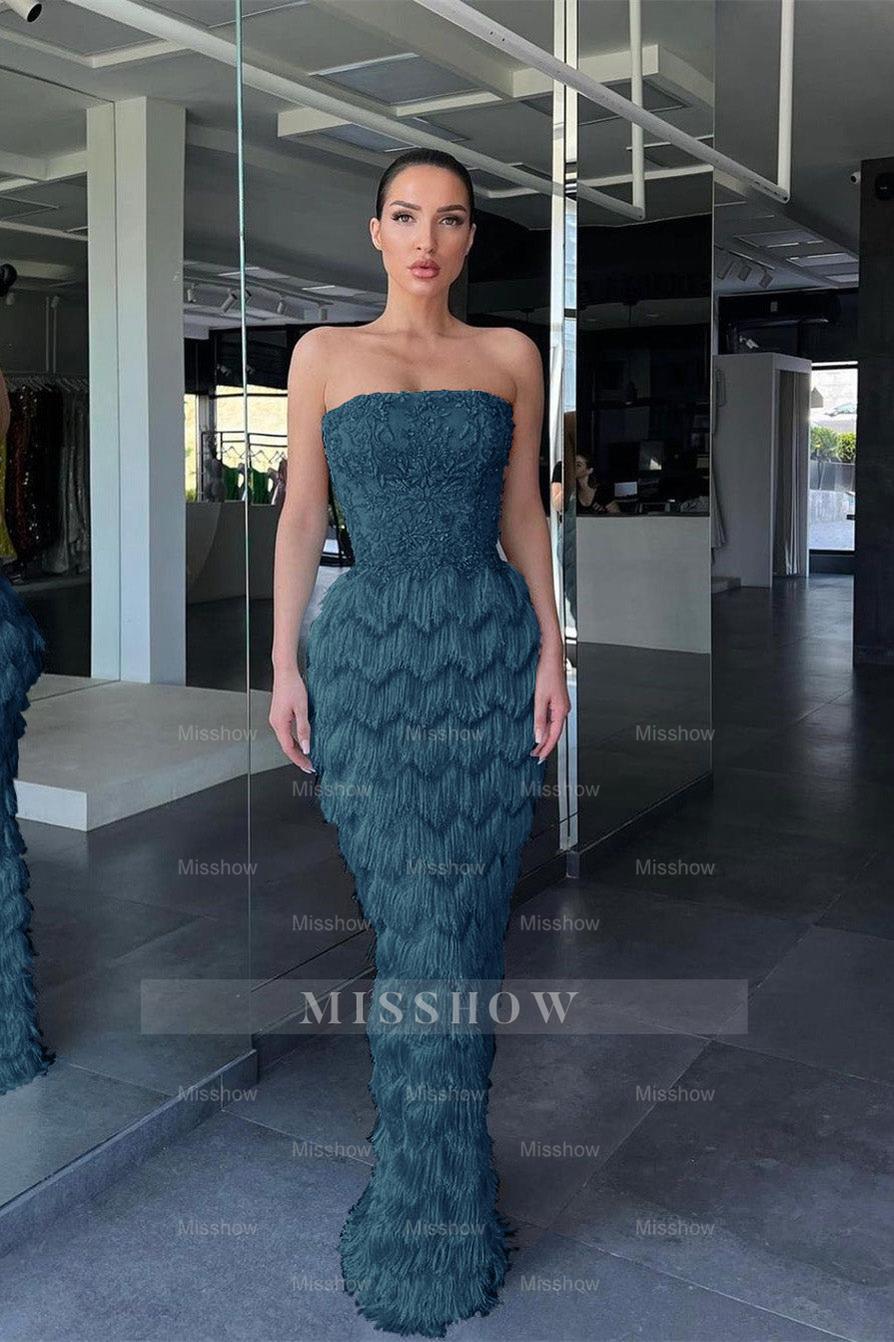 Sky Strapless Sleeveless Mermaid Sequined Beaded Appliques Floor Length Evening Gown