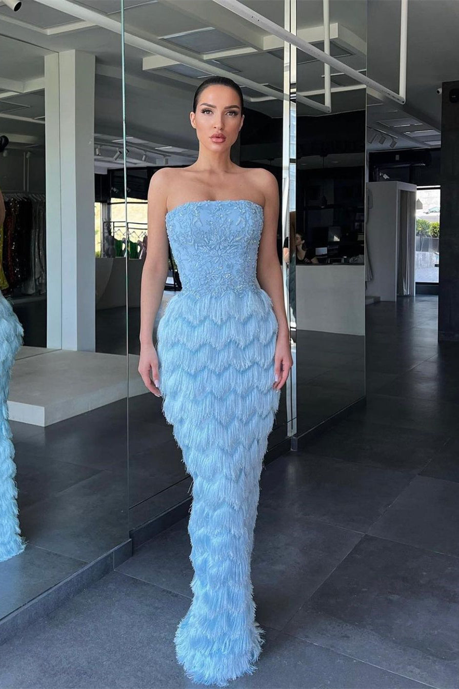 Sky Strapless Sleeveless Mermaid Sequined Beaded Appliques Floor Length Evening Gown