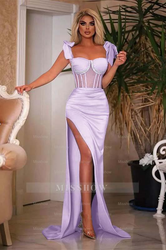 Sky Sweetheart Cap Sleeve Mermaid Satin Ruched Formal Evening Dress with Side Slit