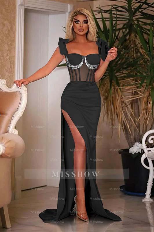 Sky Sweetheart Cap Sleeve Mermaid Satin Ruched Formal Evening Dress with Side Slit