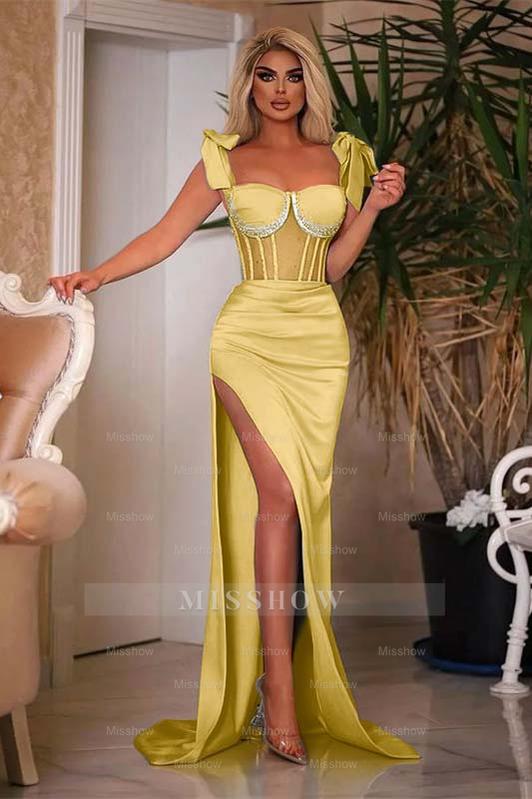Sky Sweetheart Cap Sleeve Mermaid Satin Ruched Formal Evening Dress with Side Slit